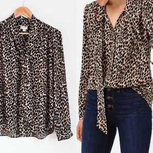 J Crew Factory leopard tie neck blouse